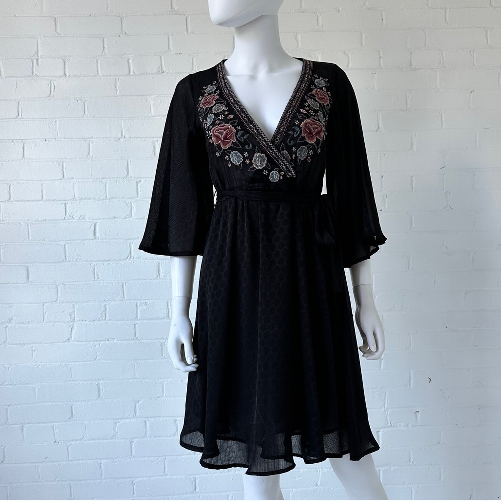 Champagne & Strawberry Embroidered Wrap Dress with Subtle Polka Dots